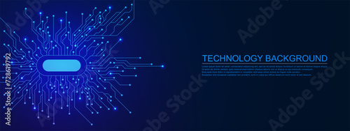 Futuristic circuit board technology. Artificial intelligence, machine learning and virtual digital stream with microchip on dark blue background.