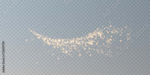 Dusty sparks and golden stars shine with special light. Vector sparkles on transparent background. Christmas light effect. Sparkling particles of magic dust.