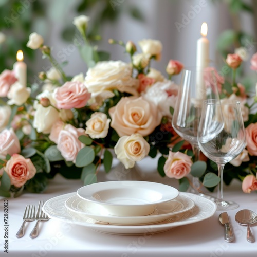 An elegant table setting adorned with fresh roses and peonies, perfect for a spring celebration