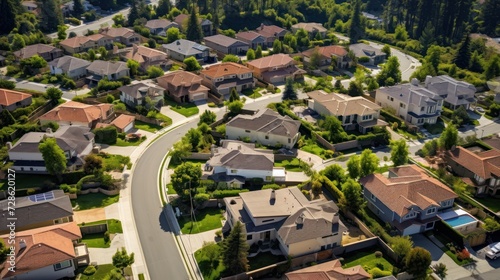 Winding road through suburban neighborhood with many houses aerial