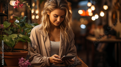 Young woman in a cozy cafe setting, absorbed in her smartphone, with warm ambient lighting and plants around, evoking a relaxed, urban atmosphere
