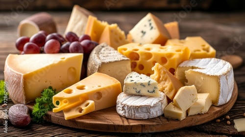 delicious cheese board with lots of variety of cheeses on a wooden board