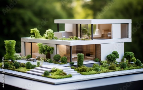 house model with a modern minimalist design and green garden. generative ai © KBL Sungkid