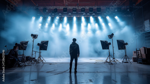 Silhouette of a person on stage with spotlight and smoke effects, capturing the dramatic pre-show atmosphere