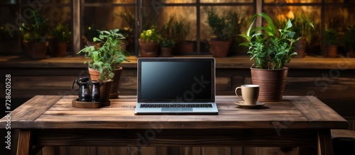 Wooden table with laptop computer on dark wall background © GoDress