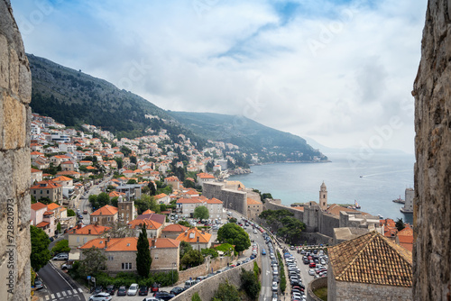 Panoramic view of the city of Dubrovnik and the picturesque Adriatic coastline from the old town walls, Croatia.
