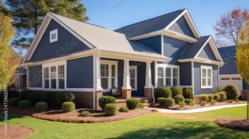 Beautiful exterior of newly built luxury home. Yard with green grass and walkway lead to ornately designed covered porch and front entrance