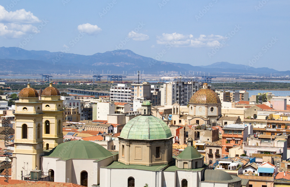Panoramic view of the city on a summer day. Close-up. Cagliari. Italy.