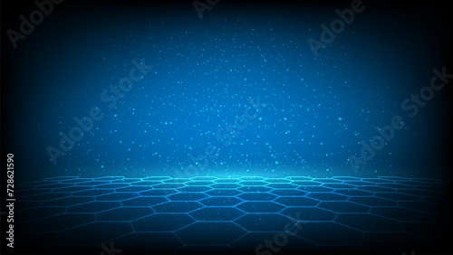 Network connection concept blue vector illustration. Futuristic hexagon perspective wide angle landscape. Futuristic honeycomb concept. Big data digital background.	
