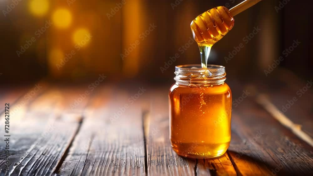 Pouring sweet golden honey from dipper into jar Pouring sweet golden honey from dipper into jar