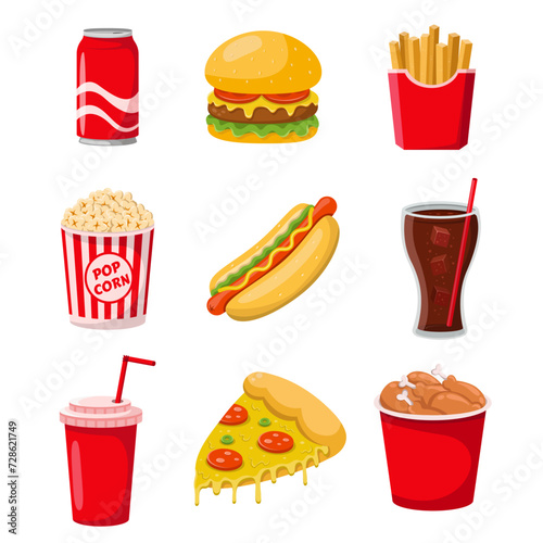Fast Food Items Set Of Realistic Design Vector Stickers Isolated On White Background