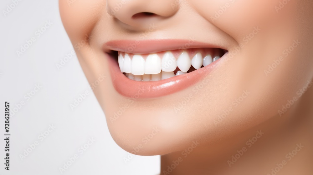Fototapeta premium A close up photo of the lower part of a female face. beautiful cute smile with very clean perfect teeth.
