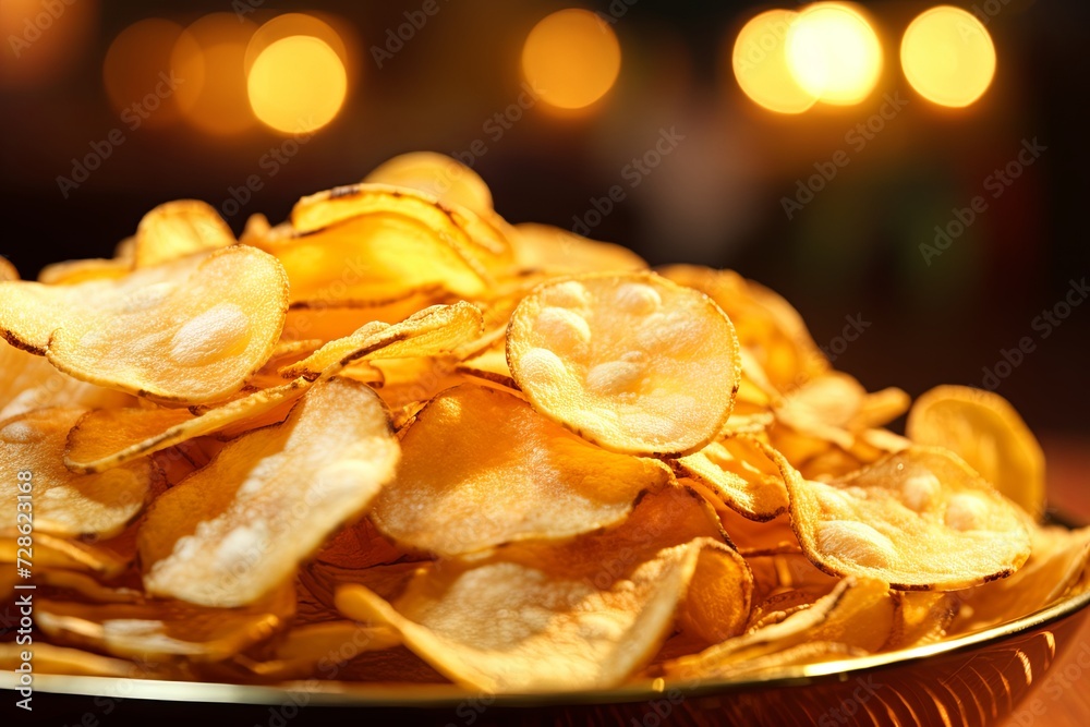 Crispy potato chips,served within a bowl. Crispy potato chips,served within a bowl.