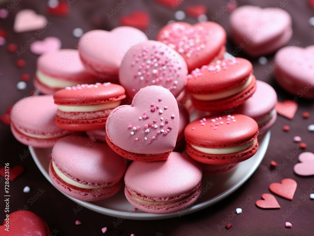 Pink heart-shaped macarons on a plate on a wooden background Pink heart-shaped macarons on a plate on a wooden background