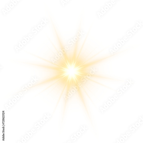 Gold star illustration. Sparkle sun light transparent design element.
