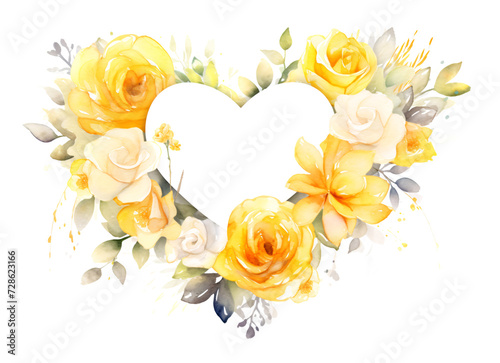 Watercolor illustration of yellow roses heart frame