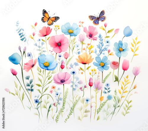 Watercolor illustration of floral blossoms and butterflys
