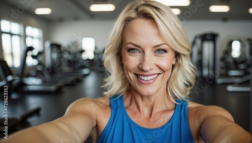 Fitness selfie of a middle-aged blonde woman with blue eyes, taking a photo in a gym setting, wearing a blue tank top, with exercise equipment in the blurred background.