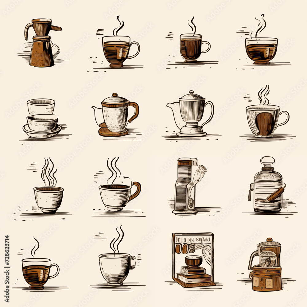 Coffee and Tea Cup Vector Set with Silhouettes, Symbols, and Steam for Cafe and Kitchen Illustrations Coffee and Tea Cup Vector Set with Silhouettes, Symbols, and Steam for Cafe and Kitchen Illustrations
