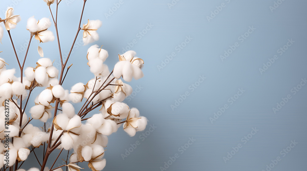 a bunch of cotton with leaves on a color background