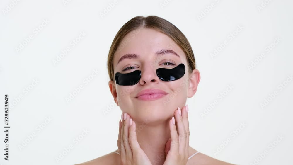 Beauty caucasian woman with under eye black patches for refreshment and skin care, smiling, showing glowing hydrated facial skin and perfect white smile over white background. Beauty caucasian woman with under eye black patches for refreshment and skin care, smiling, showing glowing hydrated facial skin and perfect white smile over white background.