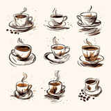 Collection of Coffee Cups in a Cafe Setting with Steam, Icons, and Vector Illustrations, Perfect for Breakfast or Anytime Caffeine Craving in Brown-themed Kitchen or Restaurant Design