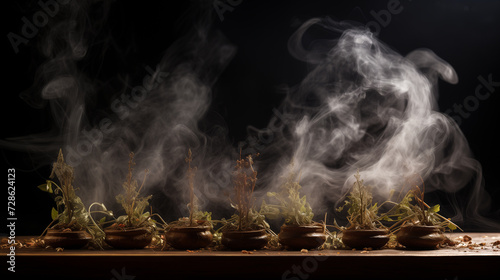 a bunch of pots with herbs and smoke on dark background