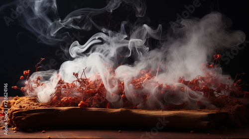 a plate with herbs and smoke on dark background