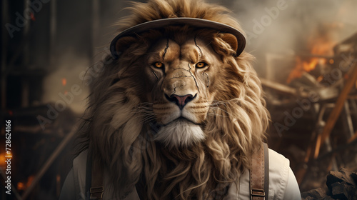 a lion wearing a hat and suspenders