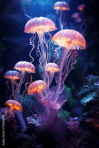 a neon jellyfish floating in the ocean 