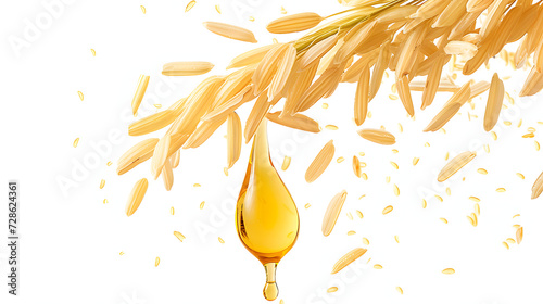 Rice bran oil dripping from rice seed isoalted on white background. photo