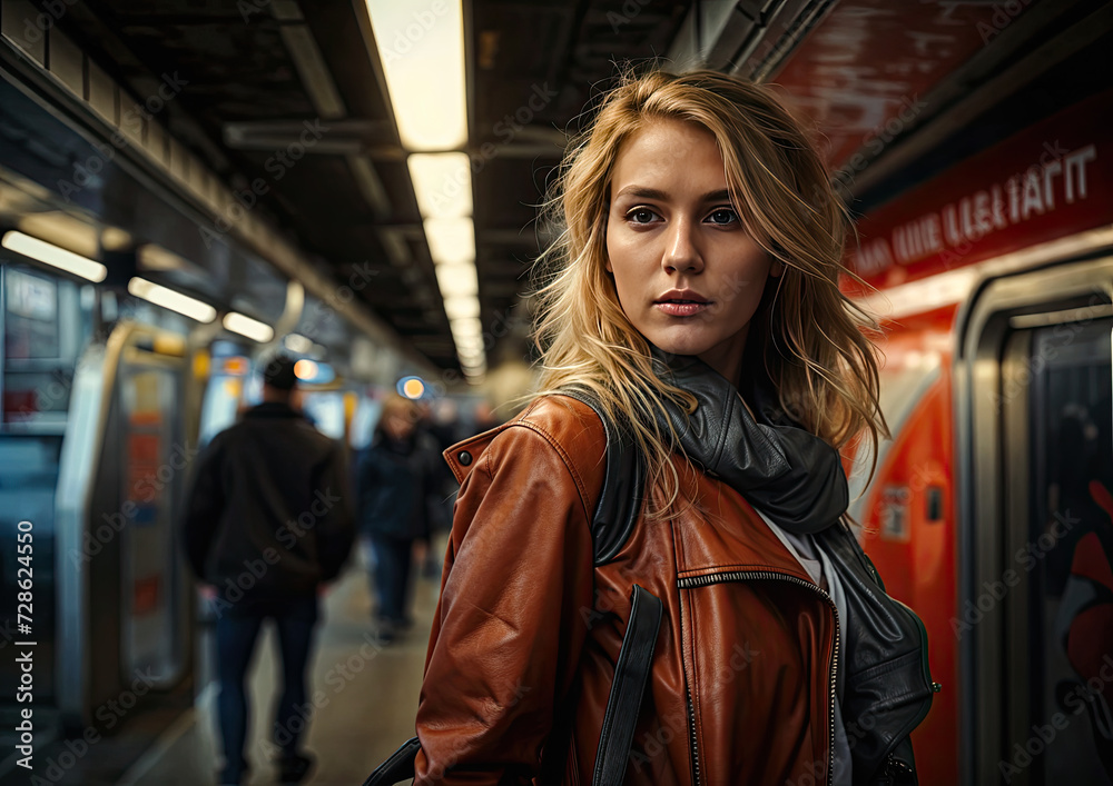 Portrait of a beautiful young woman with long blond hair in a brown leather jacket on the platform of a subway station.