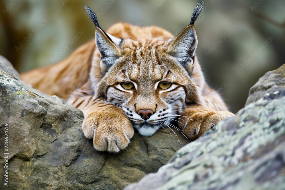 Fototapeta premium Eurasian lynx lying on a rock in the forest. 