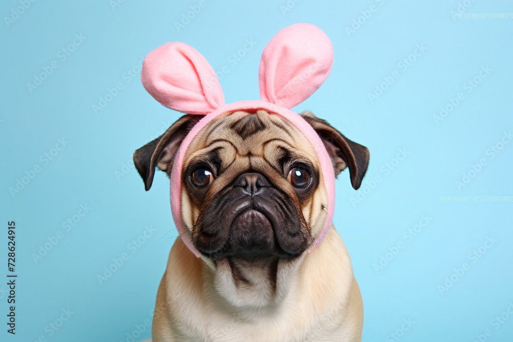 Pug dog wearing pink Easter bunny ears in fornt of blue studio background