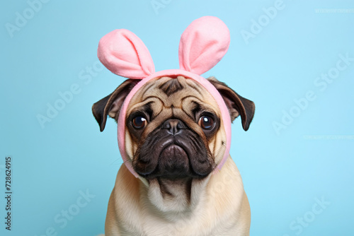 Pug dog wearing pink Easter bunny ears in fornt of blue studio background © Firn