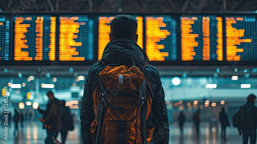 back view a man wearing backpack standing in an airport 