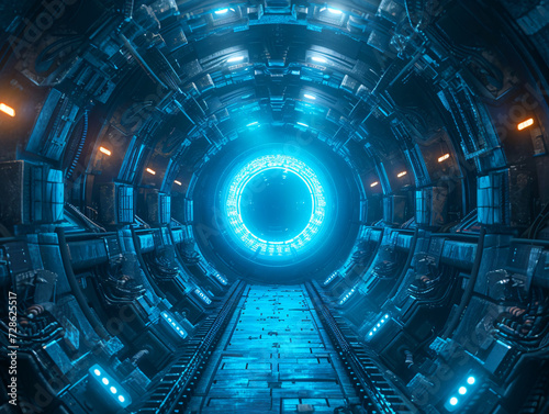 A futuristic blue tunnel with a bright light at the end. The walls are made of panels and there are small lights on the sides. photo