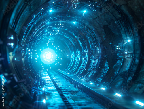 A futuristic blue tunnel with a bright light at the end. The walls are made of panels and there are small lights on the sides.