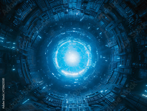 A futuristic blue tunnel with a bright light at the end. The walls are made of panels and there are small lights on the sides. photo