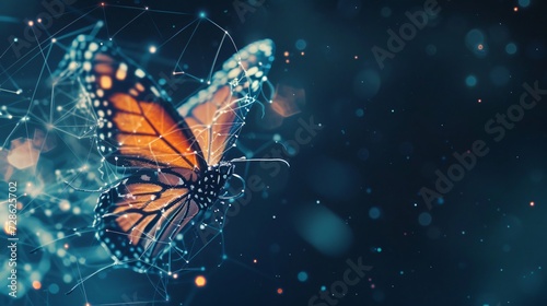 Monarch butterfly on a spider web with dew drops, against a blue bokeh background. © tasnaifotolia