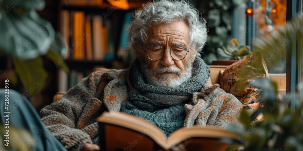 A happy, retired senior man with a white beard, glasses, and a book in a home library.