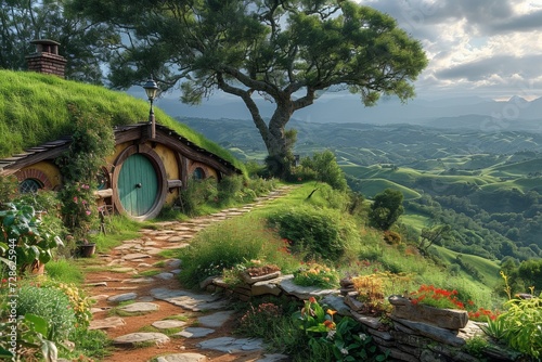 Tranquil hobbit house with a green roof, nestled in a scenic village landscape. photo
