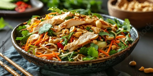 Chicken salad with noodles, carrots, and peanuts in Asian style, Generative AI