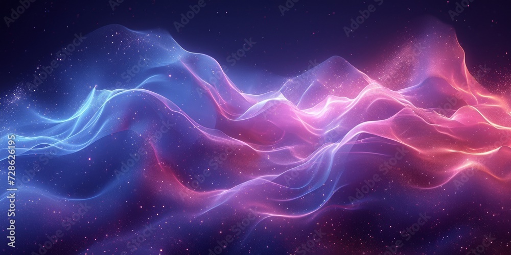 A cosmic background with glowing stars, nebulae, and dynamic motion in shades of blue and purple.