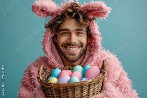 A delighted, handsome man in an Easter rabbit costume, celebrating with a wicker basket.