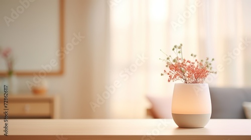 Corner of living room table, background is idea minimalist style light color background, hazy atmosphere, 
