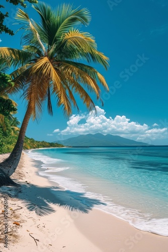 A paradise beach with palm trees, turquoise water, and sandy coast, perfect for a vacation.