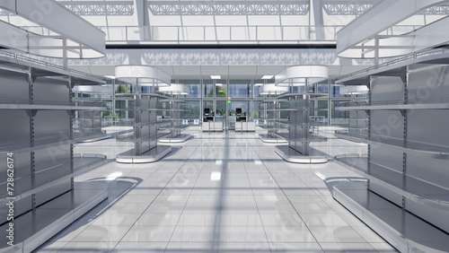 Store interior with rows of empty shelving with open shelves, rounded side sections and topper. 3d illustration
