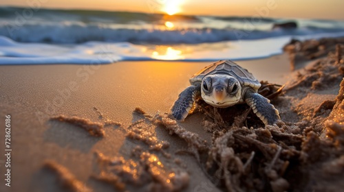 Create a captivating photograph of a baby sea turtle making its way from the nest to the ocean, 