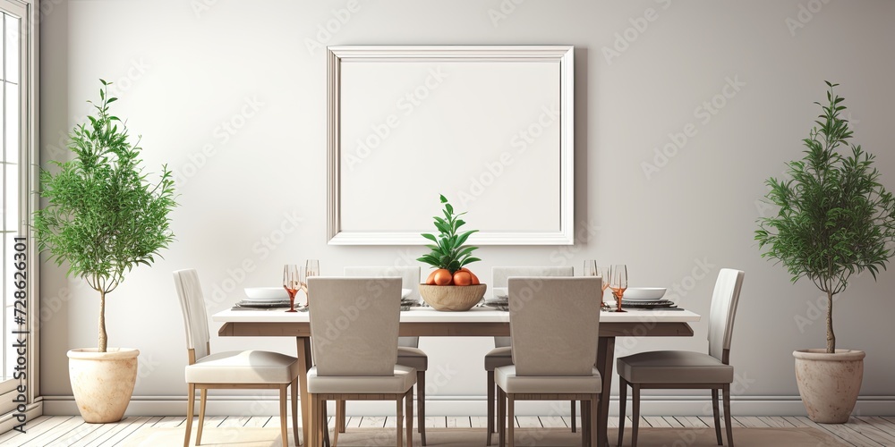 Fototapeta premium Contemporary dining room with holiday decorations and empty picture frames.